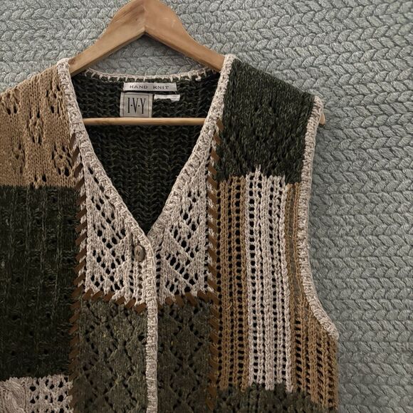 Ivy Sweaters - Vtg IVY Hand Knit Patchwork Sweater Vest Earthy Green Tan Crochet Cottagecore M